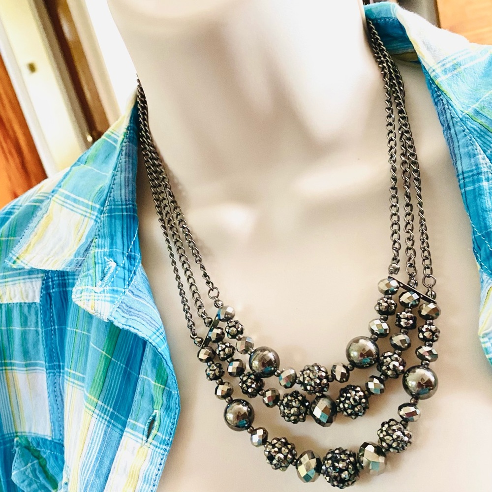 Vintage Black Beads & Rhinestone Balls Necklace